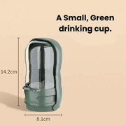 Small green Portable Pet Water Bottle & Cup with 14.2cm height and 8.1cm width, ideal for pet travel hydration on the go.